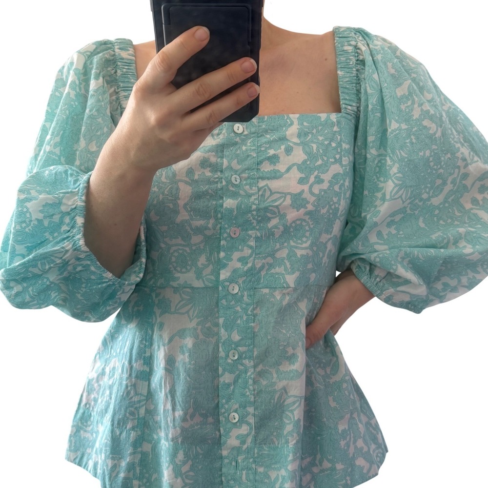 Ros Garden Margaret 002 Pauline Top Light Blue Floral Cotton Puff Sleeve NWT S‎